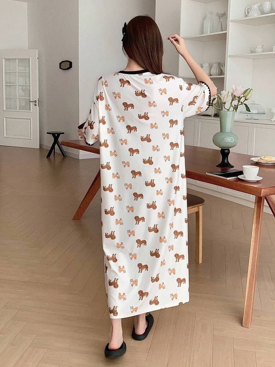 Puppy Print Embroidered Contrast Trim Loose Women's Nightgown Pajamas Puppy Print Embroidered Contrast Trim Loose Women's Nightgown Pajamas