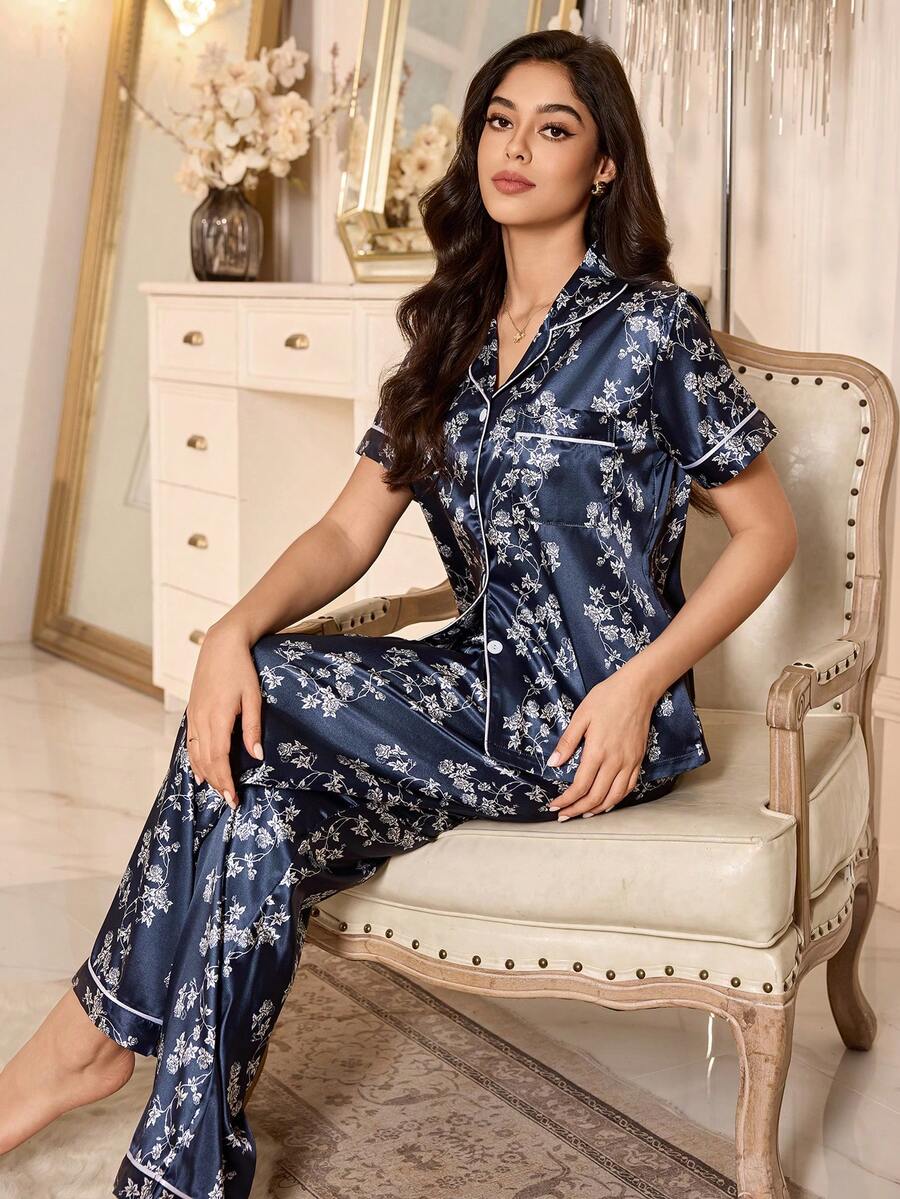 Floral Print Short Sleeve Pajama Set With Lapel And Button, Faux Silk Sleepwear Floral Print Short Sleeve Pajama Set With Lapel And Button, Faux Silk Sleepwear