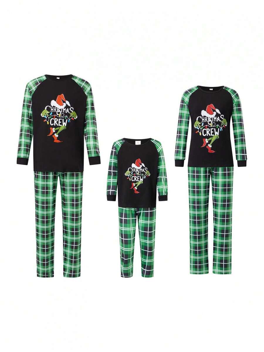 Christmas Parent-Child Pajama Set, Including A Green Monster-Patterned Long-Sleeved Top And Plaid Trousers. Christmas Loungewear.