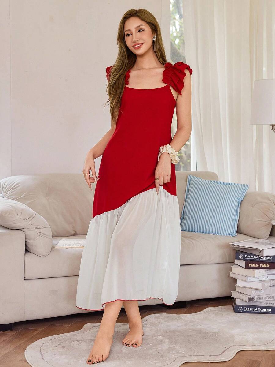 Contrast chiffon patchwork ruffle hem spaghetti strap women's nightgown Contrast chiffon patchwork ruffle hem spaghetti strap women's nightgown