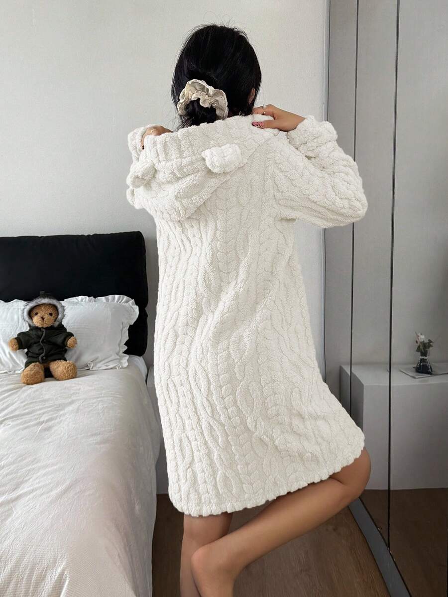 Women's 3D animal ears hooded plush fluffy comfortable winter pajamas