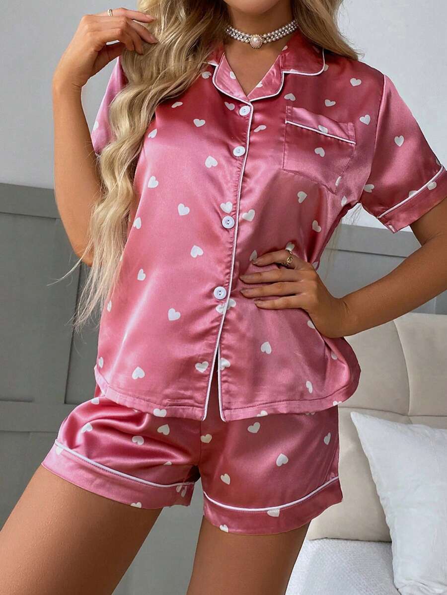 Imitated Silk Heart Print Short Sleeve Top And Shorts Pajamas Set