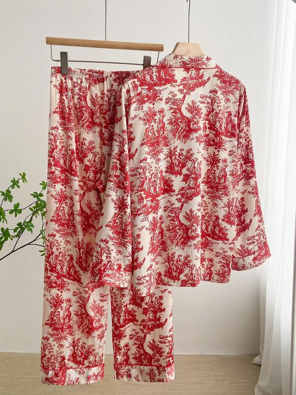 2pcs Women's Ink Printing Ice Silk Pajamas, Simple Turn-Down Collar Long Sleeve Homewear Set, Two Pieces Set 2pcs Women's Ink Printing Ice Silk Pajamas, Simple Turn-Down Collar Long Sleeve Homewear Set, Two Pieces Set