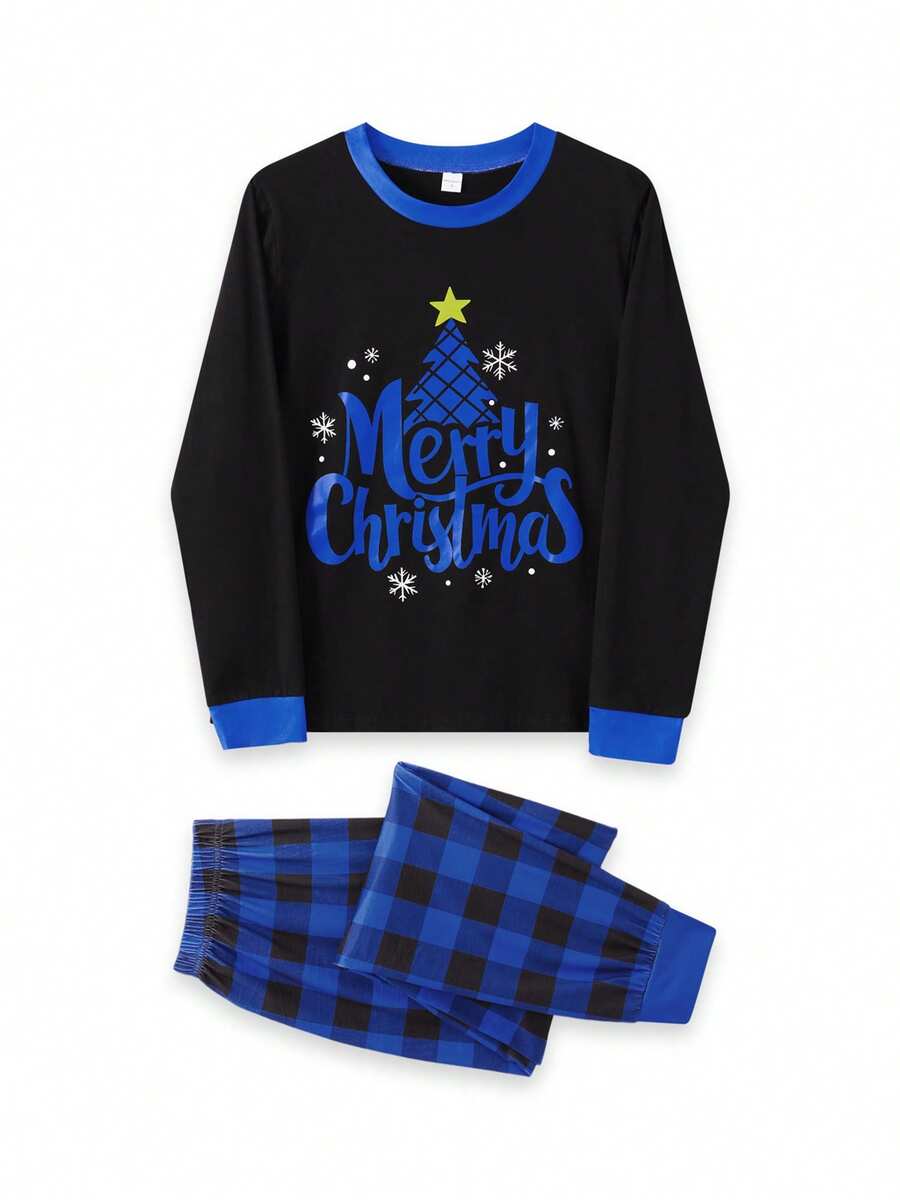 Christmas Parent-Child Pajama Set: Long-Sleeved Top With Star, Moon, And Tree Print Paired With Buffalo Plaid Trousers. Christmas Parent-Child Pajama Set: Long-Sleeved Top With Star, Moon, And Tree Print Paired With Buffalo Plaid Trousers.