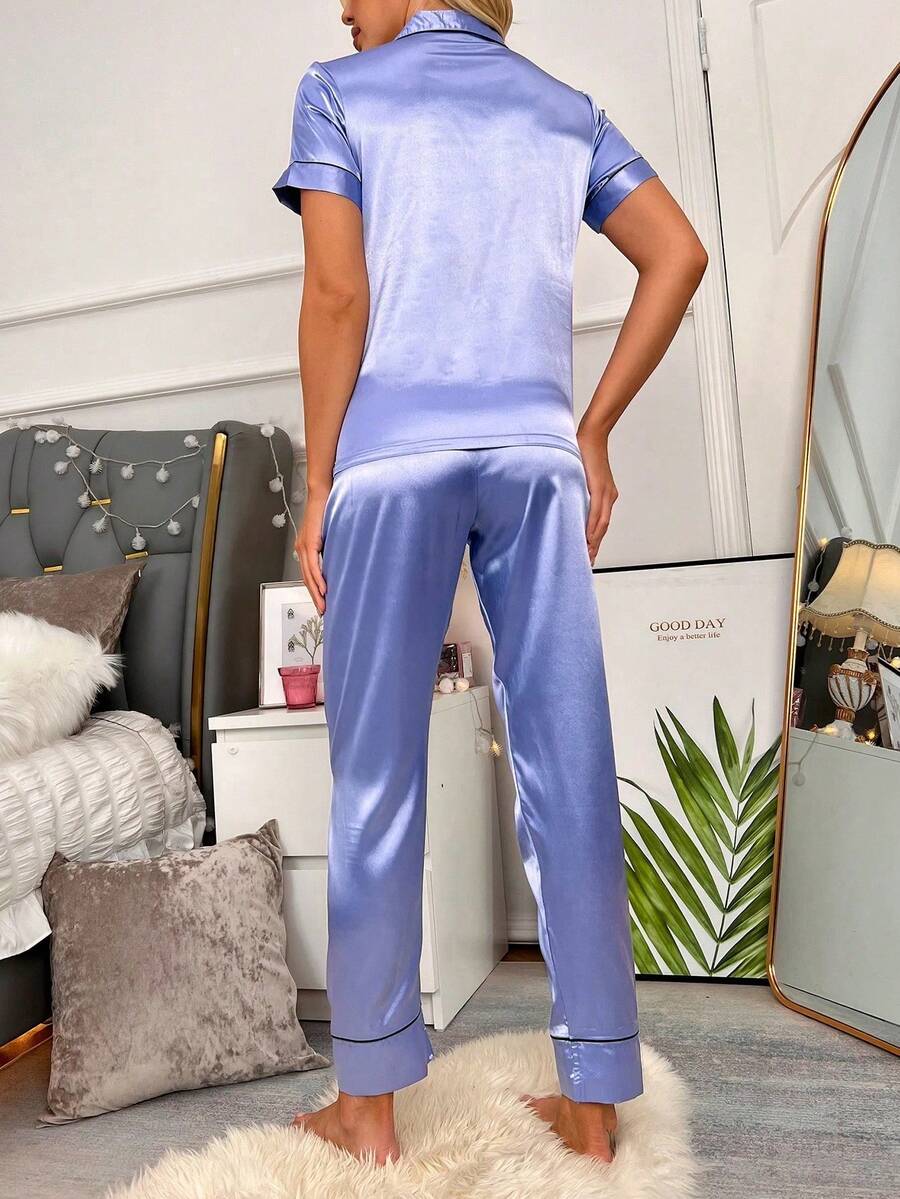 Heart Embroidery Piping Trim Satin Pajama Set Heart Embroidery Piping Trim Satin Pajama Set