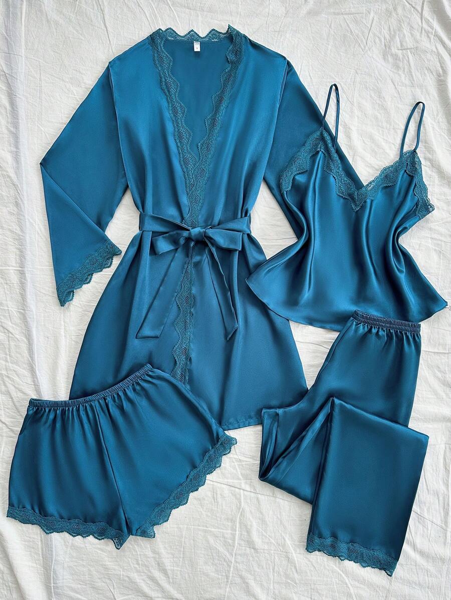4pcs Pajama Set Lace Patchwork Faux Silk Camisole, Shorts, Pants And Belted Robe, Fall Winter Clothes