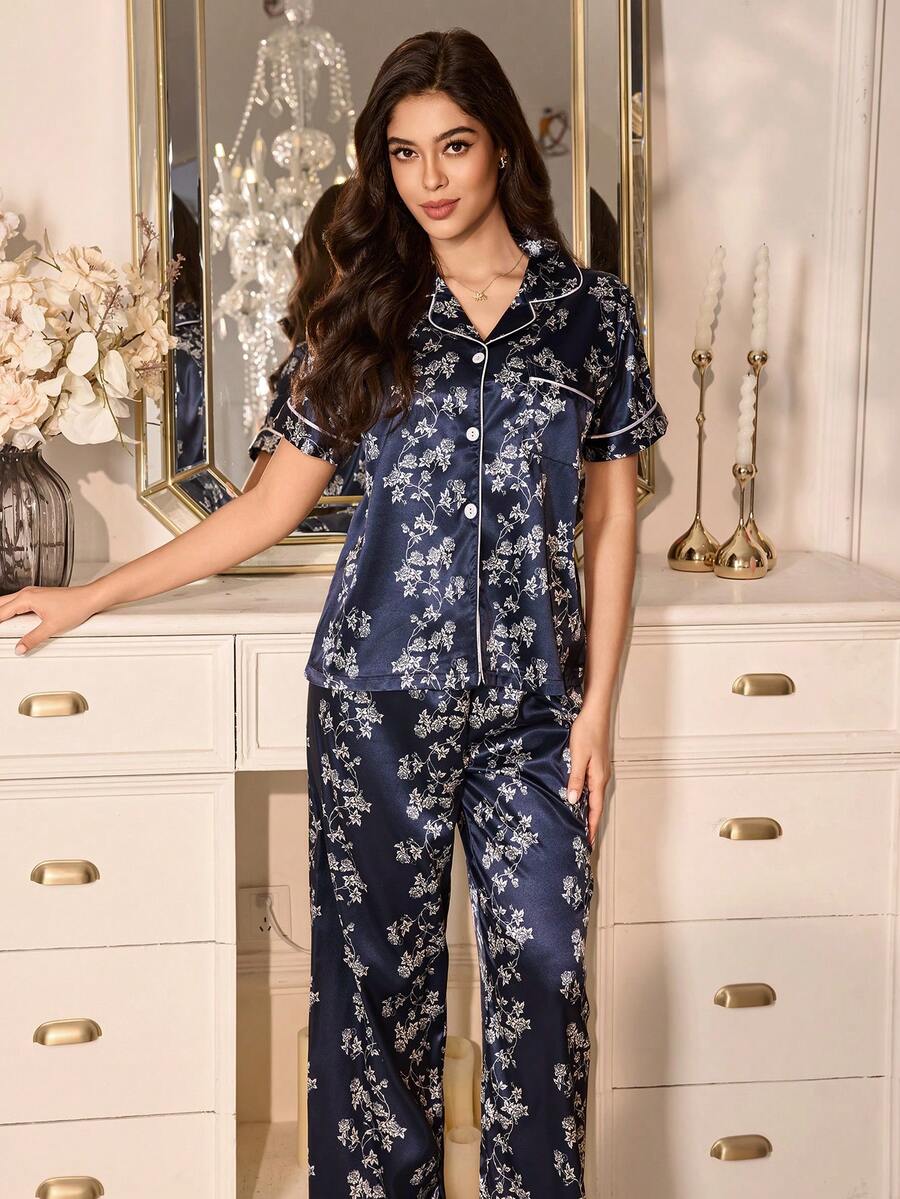 Floral Print Short Sleeve Pajama Set With Lapel And Button, Faux Silk Sleepwear Floral Print Short Sleeve Pajama Set With Lapel And Button, Faux Silk Sleepwear