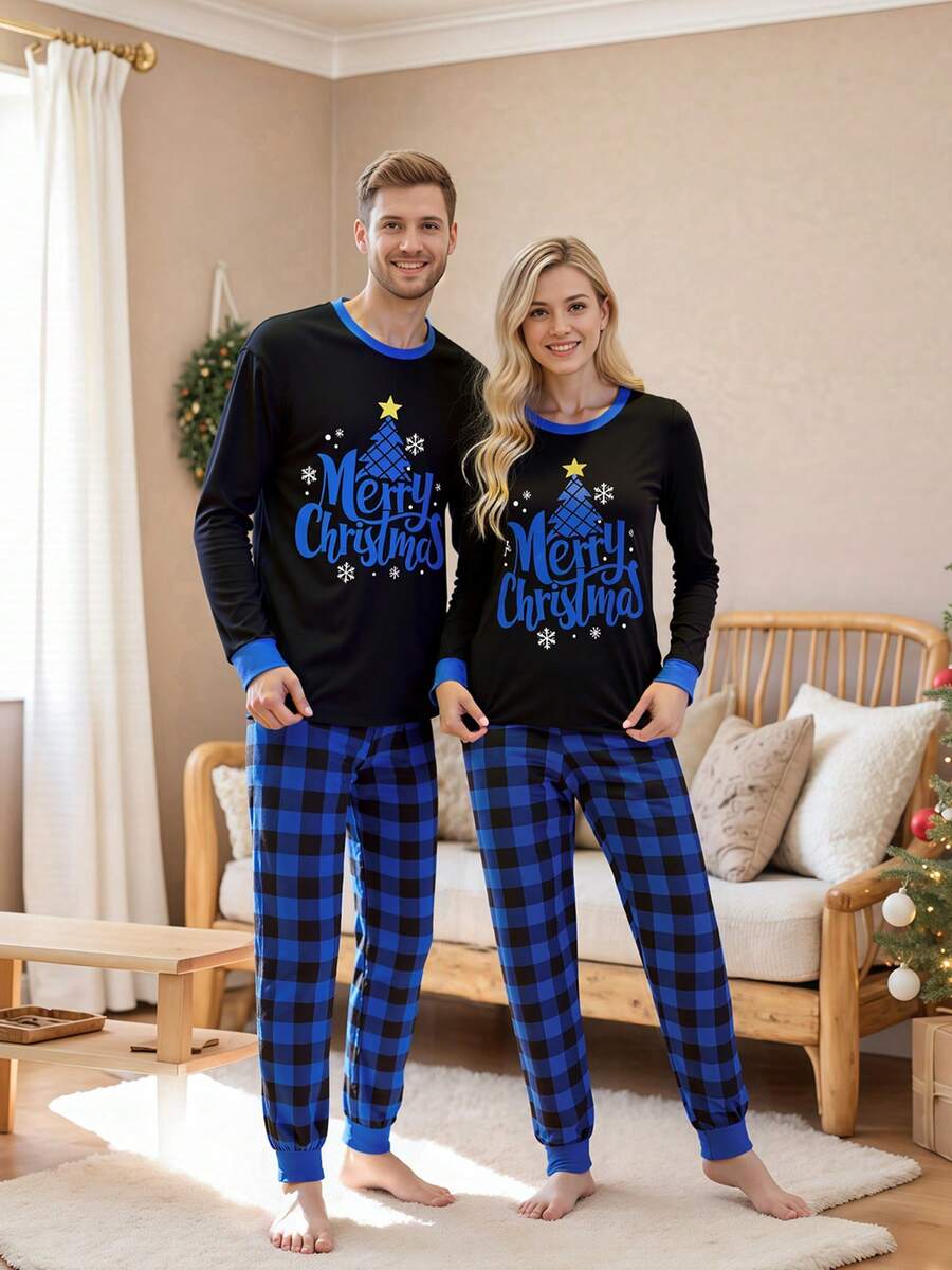 Christmas Parent-Child Pajama Set: Long-Sleeved Top With Star, Moon, And Tree Print Paired With Buffalo Plaid Trousers. Christmas Parent-Child Pajama Set: Long-Sleeved Top With Star, Moon, And Tree Print Paired With Buffalo Plaid Trousers.