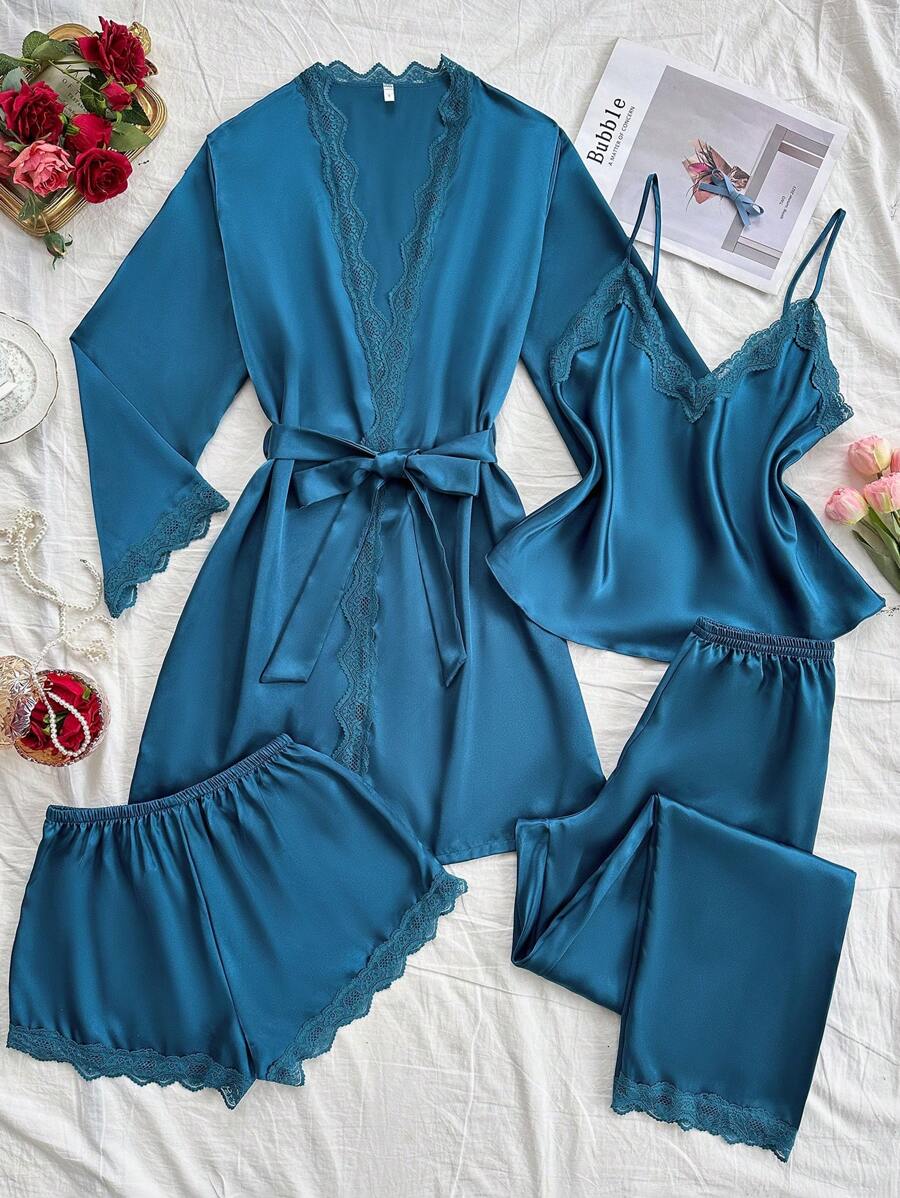 4pcs Pajama Set Lace Patchwork Faux Silk Camisole, Shorts, Pants And Belted Robe, Fall Winter Clothes 4pcs Pajama Set Lace Patchwork Faux Silk Camisole, Shorts, Pants And Belted Robe, Fall Winter Clothes