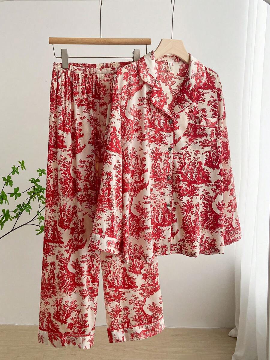 2pcs Women's Ink Printing Ice Silk Pajamas, Simple Turn-Down Collar Long Sleeve Homewear Set, Two Pieces Set 2pcs Women's Ink Printing Ice Silk Pajamas, Simple Turn-Down Collar Long Sleeve Homewear Set, Two Pieces Set