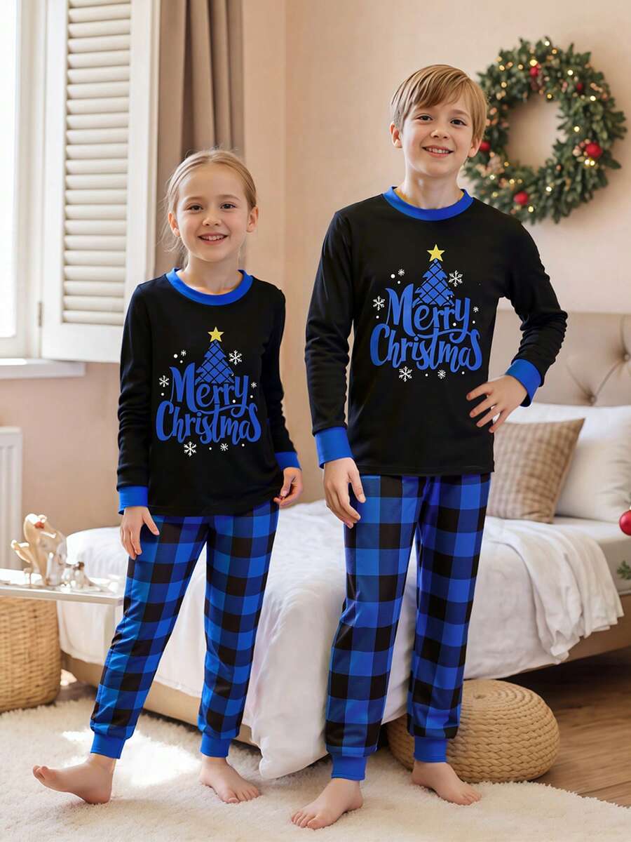 Christmas Parent-Child Pajama Set: Long-Sleeved Top With Star, Moon, And Tree Print Paired With Buffalo Plaid Trousers. Christmas Parent-Child Pajama Set: Long-Sleeved Top With Star, Moon, And Tree Print Paired With Buffalo Plaid Trousers.