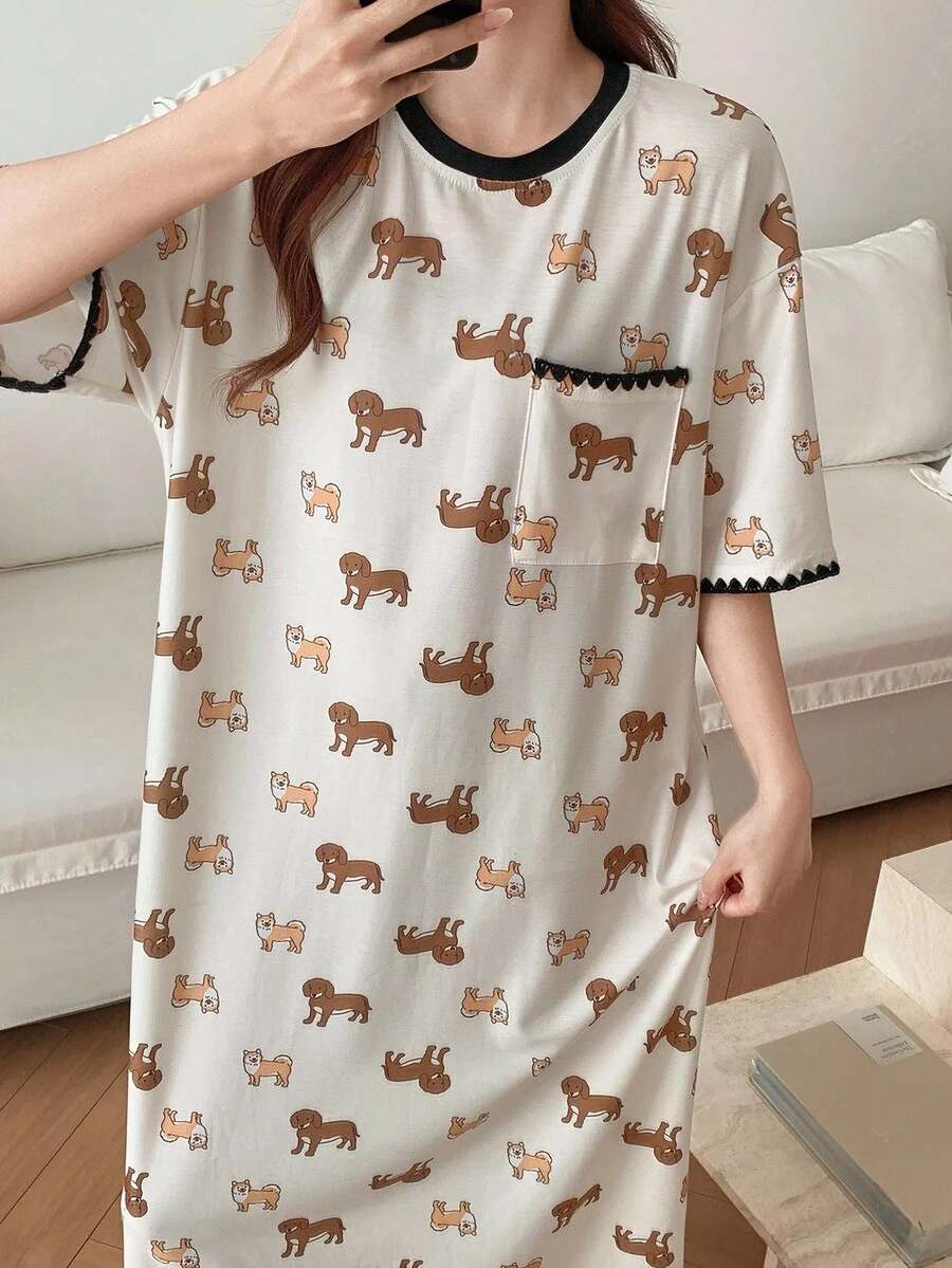 Puppy Print Embroidered Contrast Trim Loose Women's Nightgown Pajamas Puppy Print Embroidered Contrast Trim Loose Women's Nightgown Pajamas