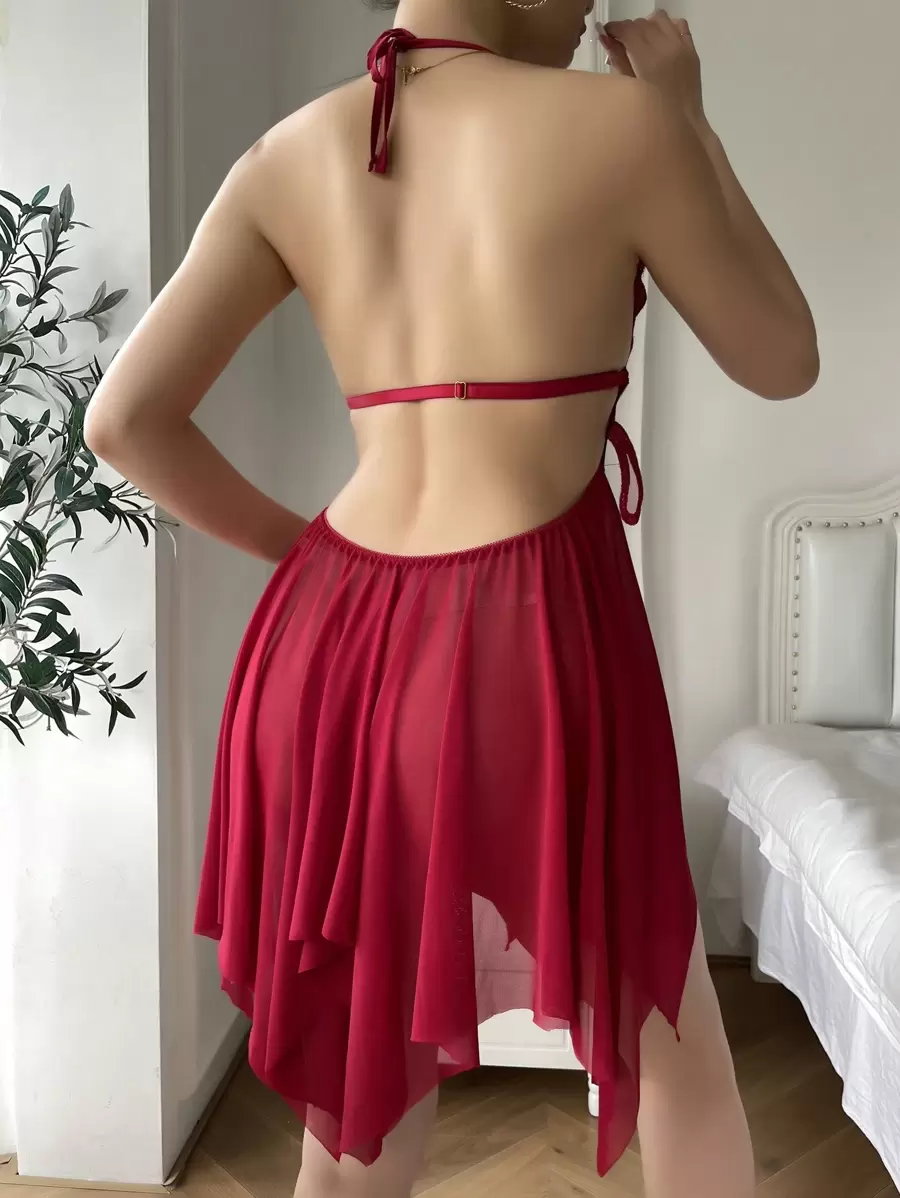 Women's mesh halter neck tie sexy pajamas nightdress Women's mesh halter neck tie sexy pajamas nightdress