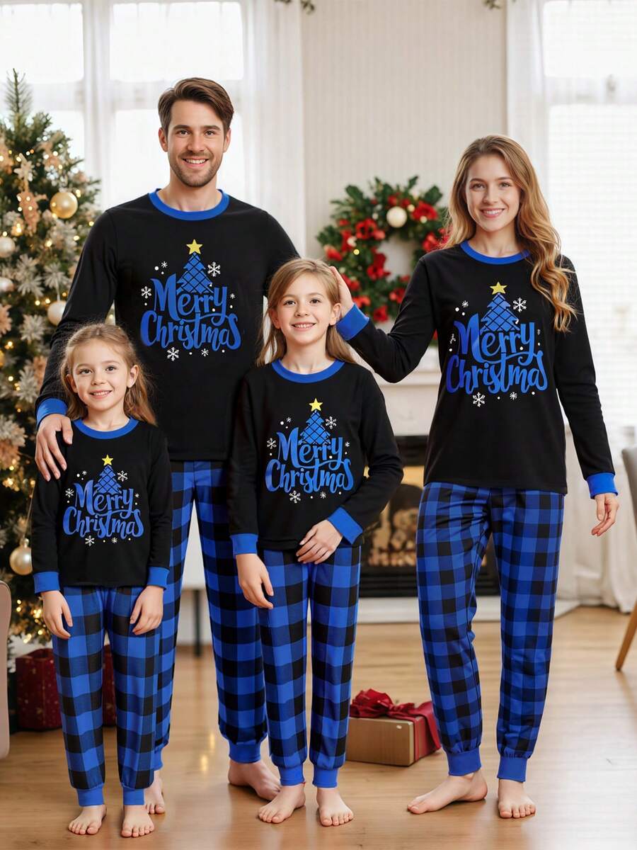 Christmas Parent-Child Pajama Set: Long-Sleeved Top With Star, Moon, And Tree Print Paired With Buffalo Plaid Trousers. Christmas Parent-Child Pajama Set: Long-Sleeved Top With Star, Moon, And Tree Print Paired With Buffalo Plaid Trousers.