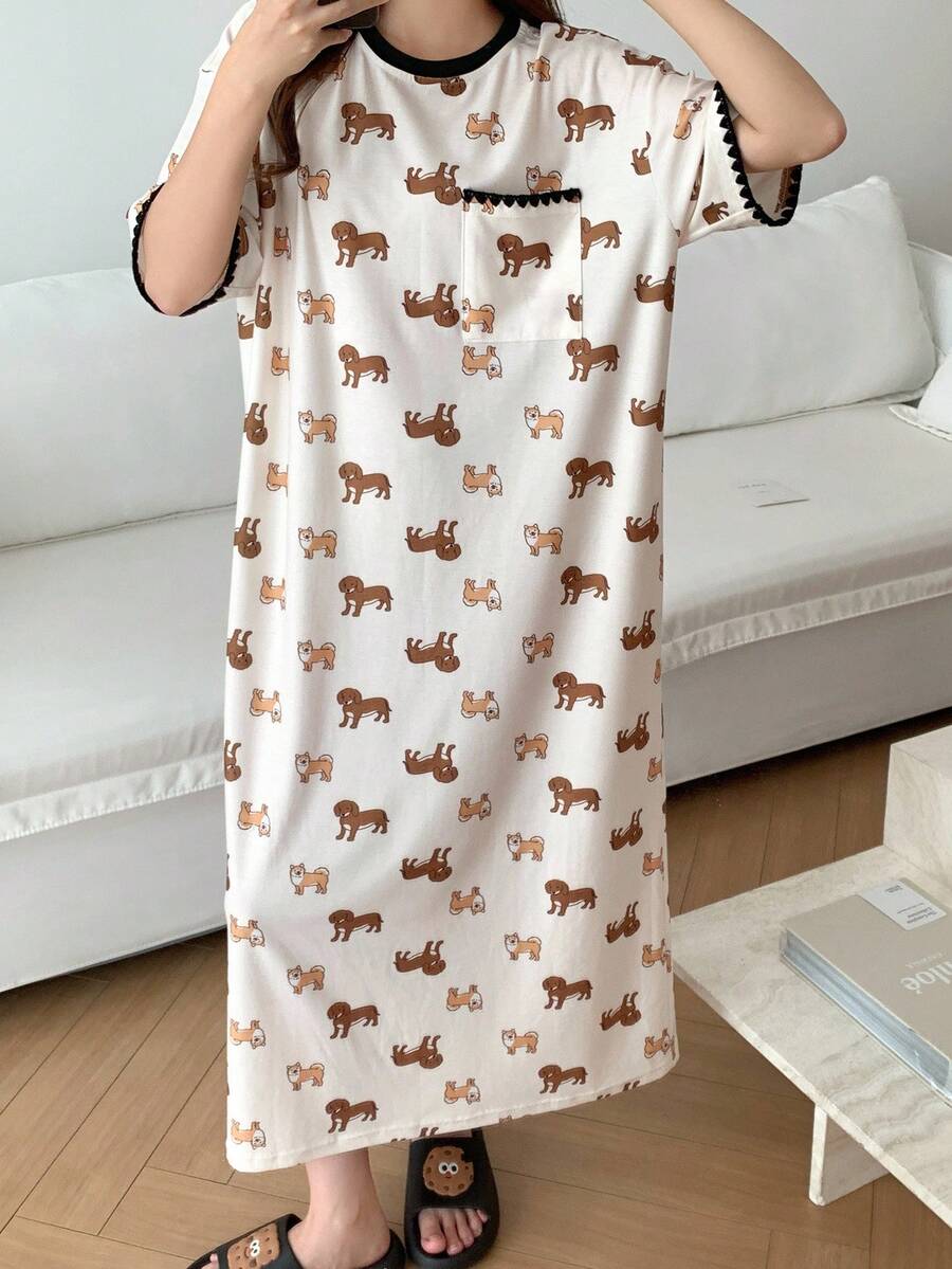 Puppy Print Embroidered Contrast Trim Loose Women's Nightgown Pajamas Puppy Print Embroidered Contrast Trim Loose Women's Nightgown Pajamas
