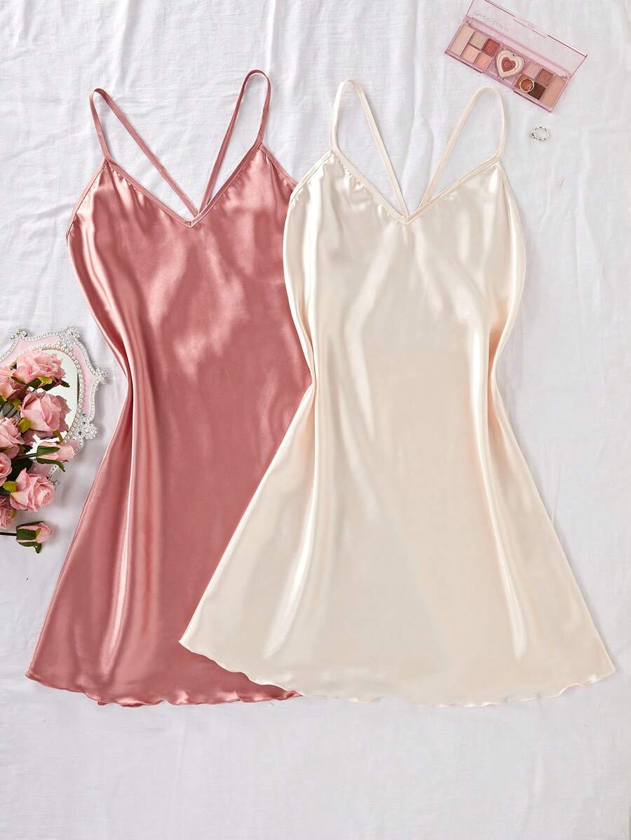 Women's spaghetti strap backless gentle and sweet solid color cross shoulder strap satin nightgown two colors Women's spaghetti strap backless gentle and sweet solid color cross shoulder strap satin nightgown two colors