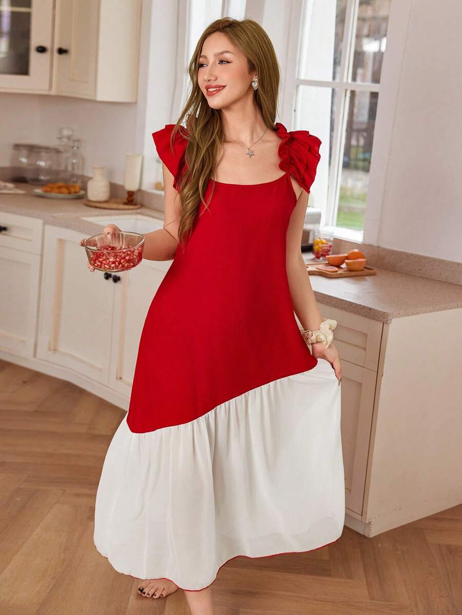 Contrast chiffon patchwork ruffle hem spaghetti strap women's nightgown Contrast chiffon patchwork ruffle hem spaghetti strap women's nightgown