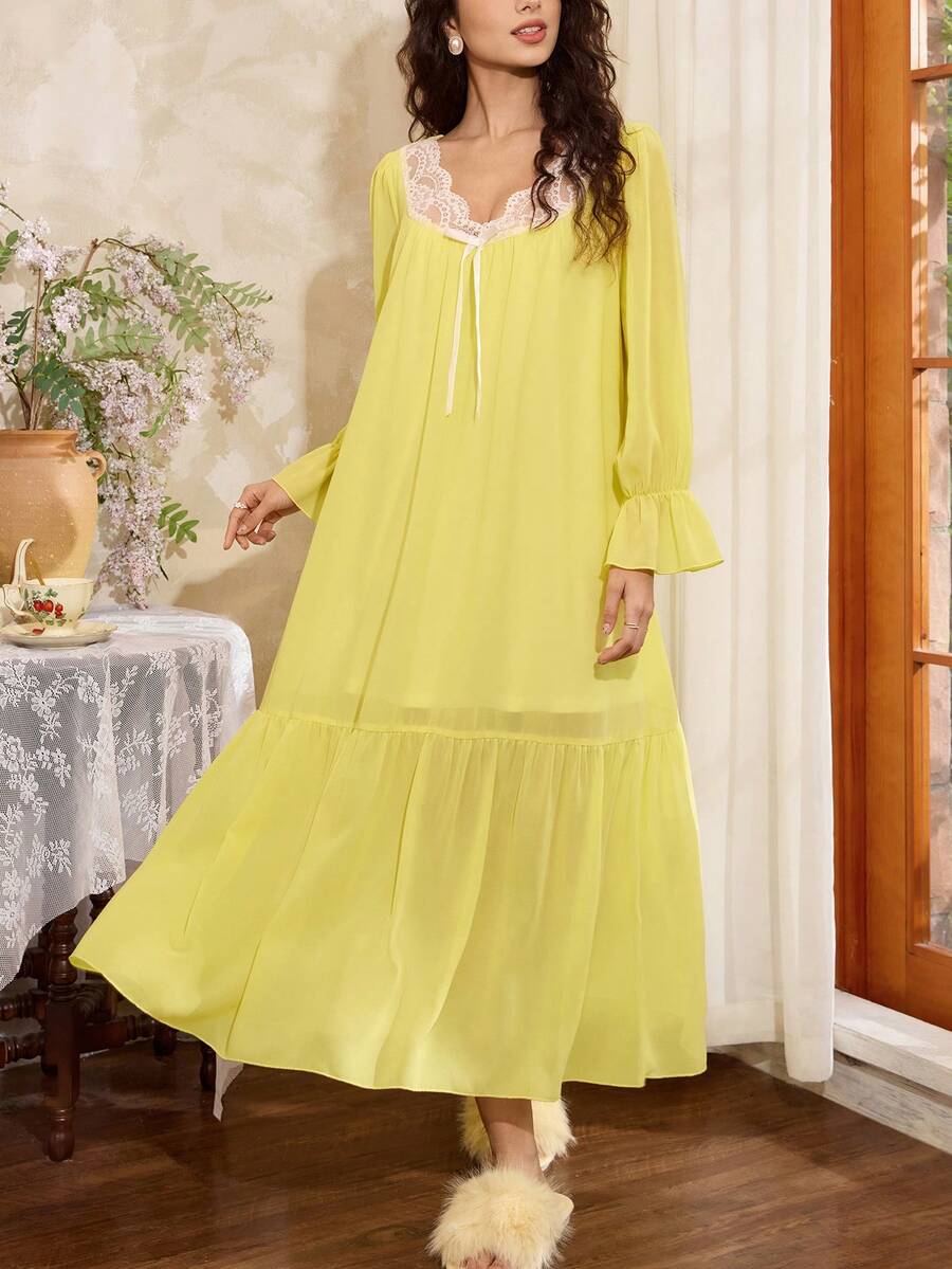 Romantic French elegant lace stitching bow decoration bell sleeves ruffled loose women's nightgown, suitable for Valentine's Day Romantic French elegant lace stitching bow decoration bell sleeves ruffled loose women's nightgown, suitable for Valentine's Day