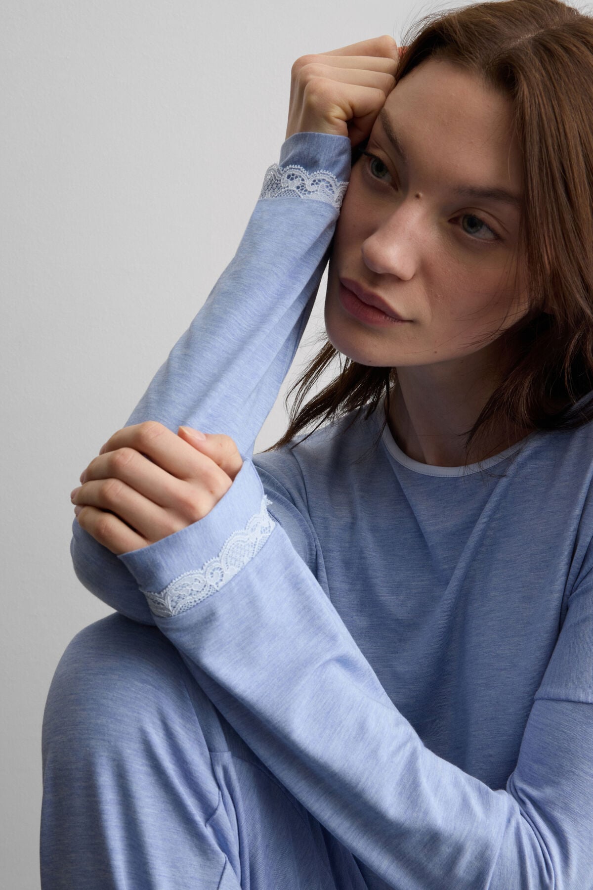 Lace Trim Full Length Pajamas in Modal Lace Trim Full Length Pajamas in Modal