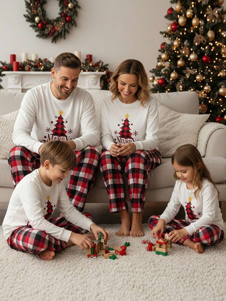 Christmas Parent-Child Pajama Set, Christmas Pajamas, Family-Friendly Christmas Pajamas, Christmas Family Pajama Set, Featuring A Long-Sleeved Top With Christmas Tree Letter Patterns And Plaid Pants. Suitable For A Family Of Four, This Christmas Pajama Se Christmas Parent-Child Pajama Set, Christmas Pajamas, Family-Friendly Christmas Pajamas, Christmas Family Pajama Set, Featuring A Long-Sleeved Top With Christmas Tree Letter Patterns And Plaid Pants. Suitable For A Family Of Four, This Christmas Pajama Se