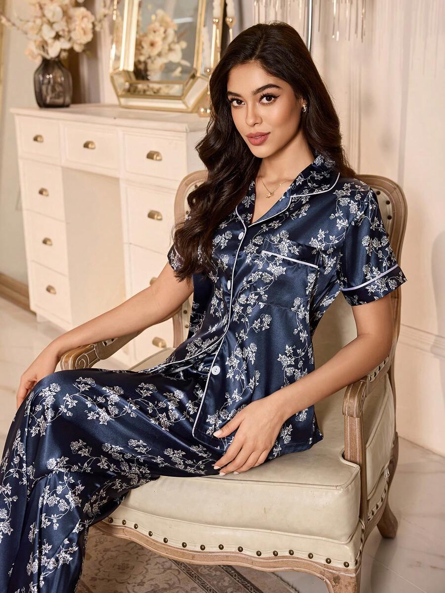 Floral Print Short Sleeve Pajama Set With Lapel And Button, Faux Silk Sleepwear Floral Print Short Sleeve Pajama Set With Lapel And Button, Faux Silk Sleepwear