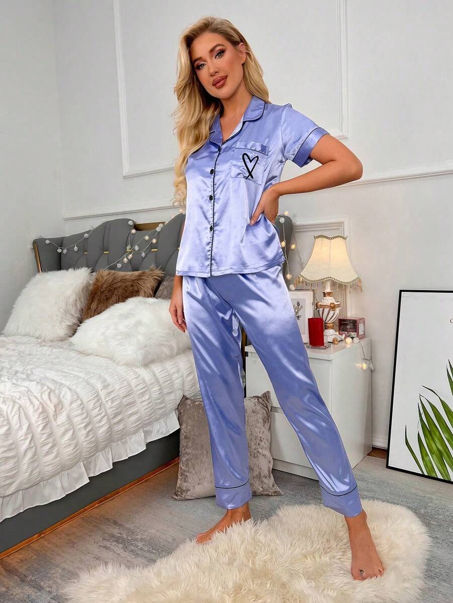Heart Embroidery Piping Trim Satin Pajama Set Heart Embroidery Piping Trim Satin Pajama Set