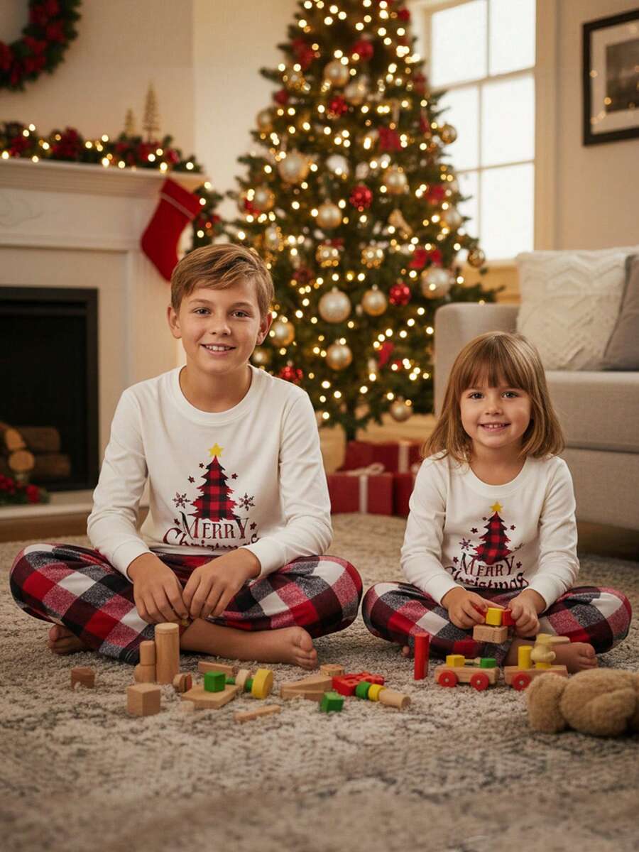 Christmas Parent-Child Pajama Set, Christmas Pajamas, Family-Friendly Christmas Pajamas, Christmas Family Pajama Set, Featuring A Long-Sleeved Top With Christmas Tree Letter Patterns And Plaid Pants. Suitable For A Family Of Four, This Christmas Pajama Se Christmas Parent-Child Pajama Set, Christmas Pajamas, Family-Friendly Christmas Pajamas, Christmas Family Pajama Set, Featuring A Long-Sleeved Top With Christmas Tree Letter Patterns And Plaid Pants. Suitable For A Family Of Four, This Christmas Pajama Se