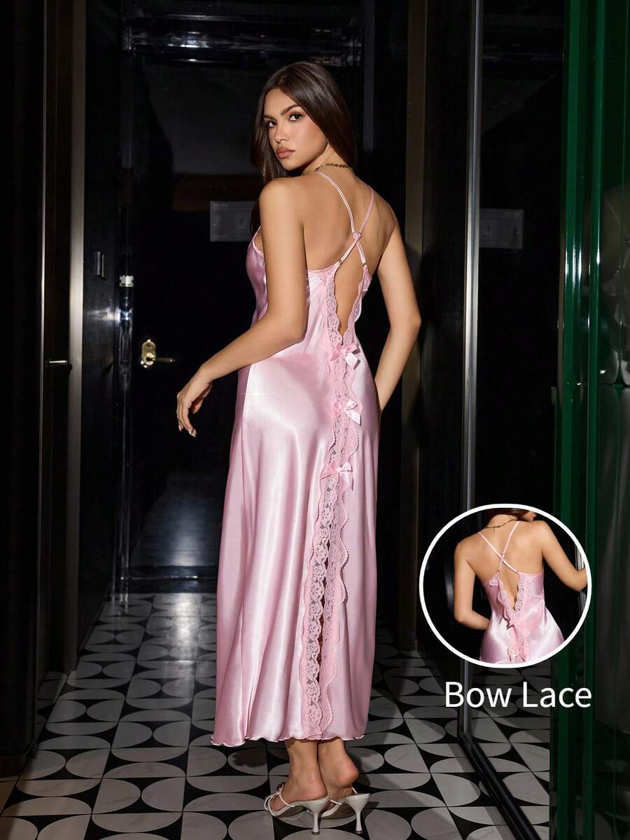 Backless bow lace stitching imitation silk sexy nightgown Backless bow lace stitching imitation silk sexy nightgown