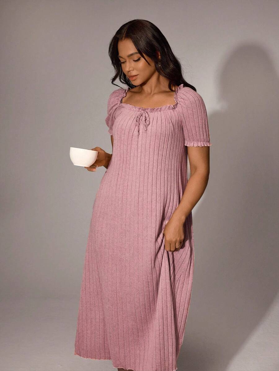 Women's Ribbed Solid Color Ruffle Trim Loose Square Neck Long Nightgown
