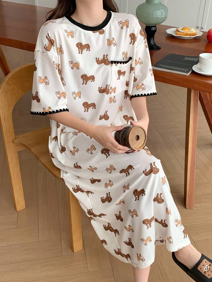 Puppy Print Embroidered Contrast Trim Loose Women's Nightgown Pajamas Puppy Print Embroidered Contrast Trim Loose Women's Nightgown Pajamas