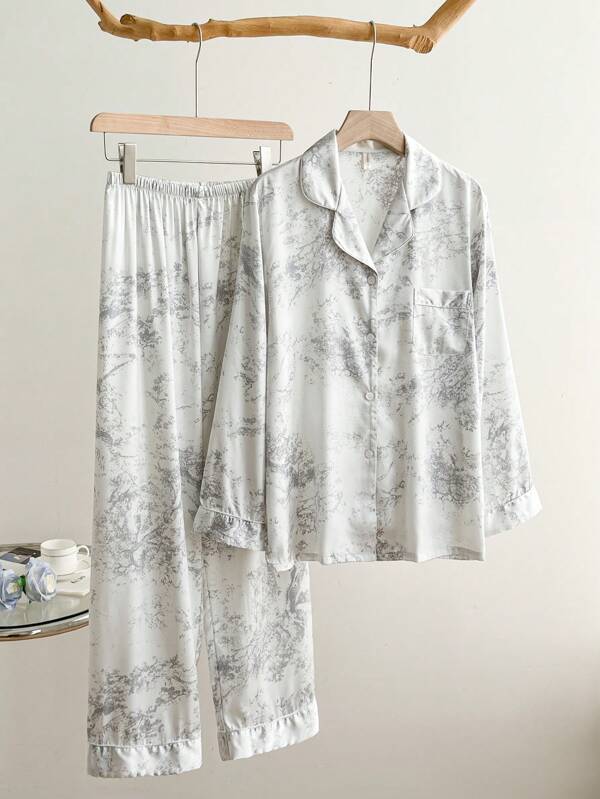 2pcs Women's Ink Printing Ice Silk Simple Home Wear Long Sleeve Top And Pants, Two Pieces Set 2pcs Women's Ink Printing Ice Silk Simple Home Wear Long Sleeve Top And Pants, Two Pieces Set